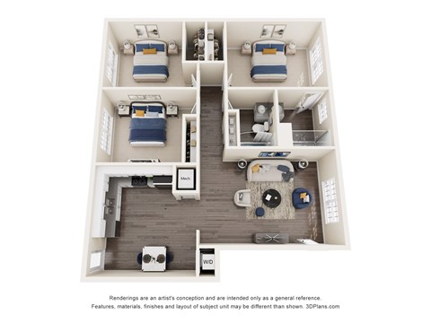 Floor plan for 3 beds, 2 baths, 1223 sqft